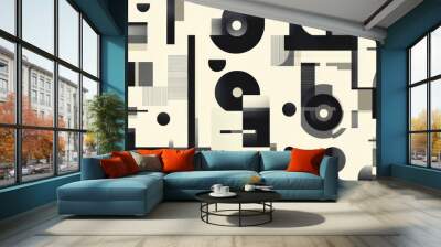 A black and white abstract painting with many circles and squares Wall mural