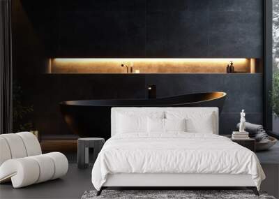 A black bathtub with a lighted shelf above it Wall mural