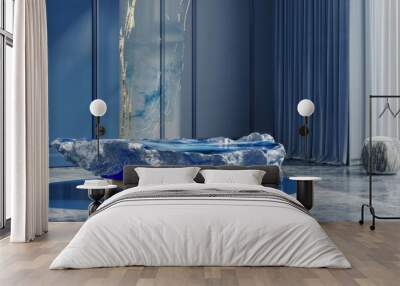 A blue room with a blue curtain and a blue rock on the floor Wall mural