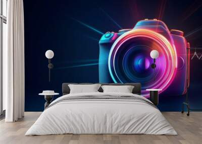 A camera with a colorful lens is displayed on a dark background Wall mural