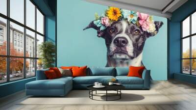 A dog with a flower crown on its head Wall mural