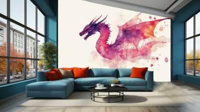 A dragon with pink and purple wings is flying over a white background Wall mural