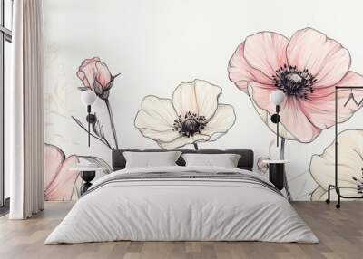 A drawing of a bunch of flowers with a pink background Wall mural