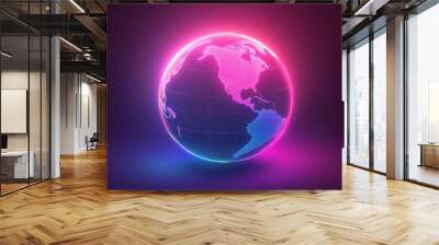 A glowing, neon colored globe with the continents of North America Wall mural