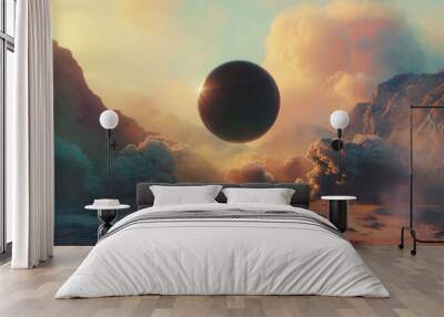 A large black sphere is floating in the sky above a mountain range Wall mural