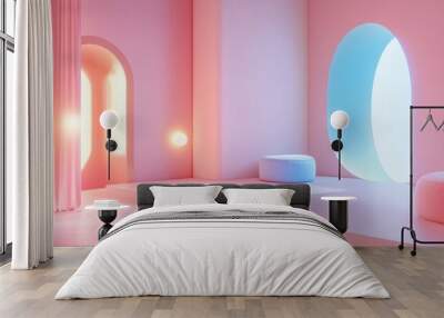 A pink room with a blue archway and a white wall Wall mural