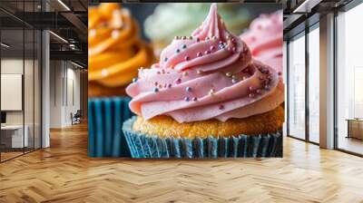 A row of colorful cupcakes with frosting and sprinkles Wall mural