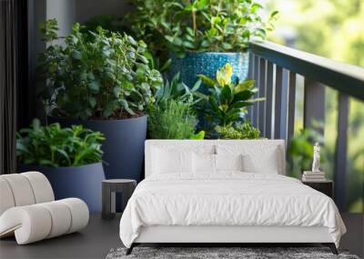 A row of potted plants sit on a balcony railing Wall mural