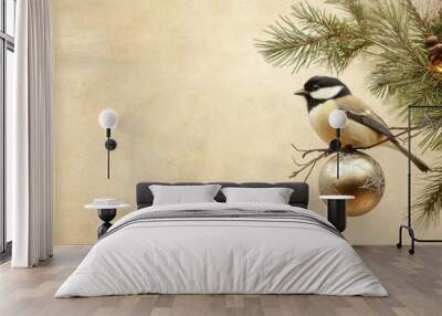 A small bird is perched on a gold ornament on a pine tree Wall mural