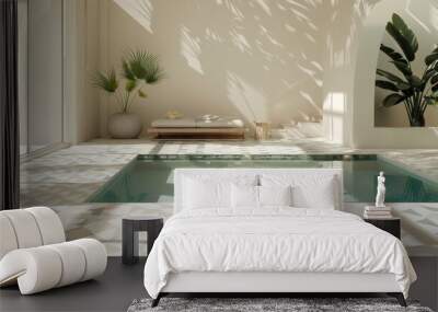 A white and green tile floor with a small pool in the middle Wall mural