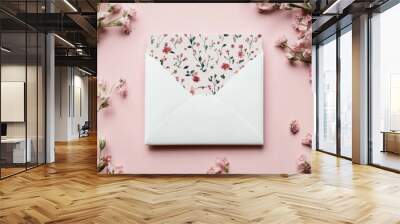 A white envelope with a floral pattern sits on a pink background Wall mural