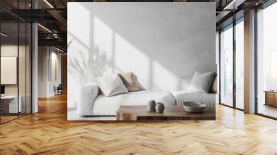 A white living room with a couch and a coffee table Wall mural