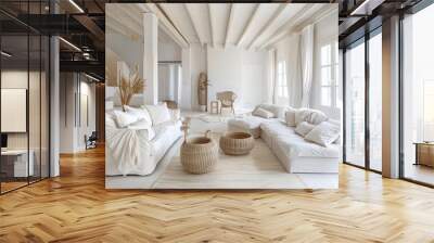 A white living room with a white couch and two chairs Wall mural