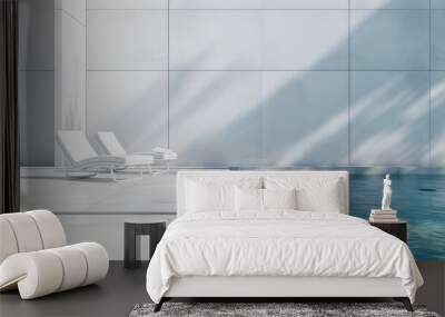 A white pool with two white lounge chairs on either side of it Wall mural