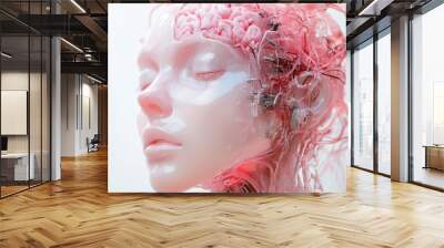 A woman's face is made of wires and has a pinkish hue Wall mural