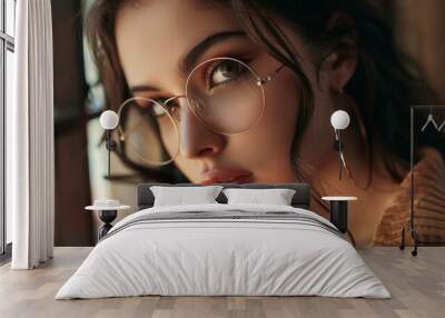 A woman with glasses and earrings is looking out a window Wall mural