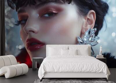 A woman with red lips and a silver earring Wall mural