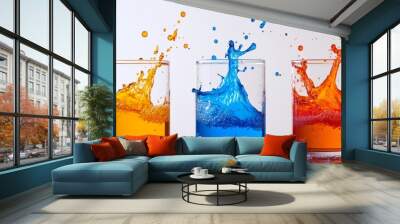 Three glasses of different colored drinks with a splash of water Wall mural