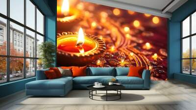 Two lit candles in small, ornate bowls, creating a warm and inviting atmosphere Wall mural