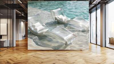 Two Transparent Loungers Floating in a Pool on a Sunny Day Wall mural