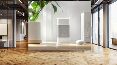 White Smart Speaker and Home Automation Device on a Wooden Table Wall mural