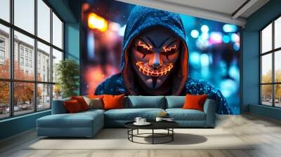 A person walks down a city street, wearing a neon mask that glows eerily in the dark, mysterious vibe, hinting at themes of crime and cyber attacks, danger, halloween Wall mural