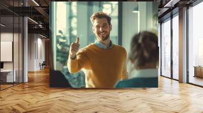 A CEO or Business manager giving a thumbs up, Congratulation concept with employee in a modern office, Happy teamwork members around, emphasizing positive feedback and encouragement. Wall mural