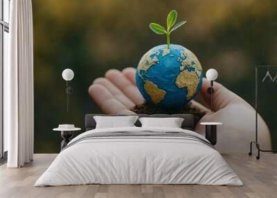 A close up of a hand holding a miniature globe with a green sprout growing from it, representing global commitment to reducing carbon footprints and nurturing the planet. Wall mural