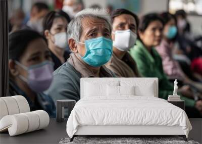 A group of patients in a waiting room, some wearing masks and visibly unwell, reflecting the spread of contagious sickness in public healthcare settings Wall mural