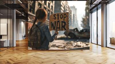 A little girl holding a sign with the word stop war. Kid protesting against war and violence, World peace, No war Wall mural