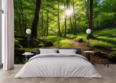 A scenic of green nature forest with beautiful sun light background. Generative Ai Wall mural