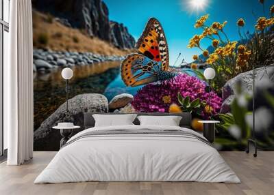 Beautiful butterfly surrounded by flowers side on rock and river background. Generative Ai Wall mural