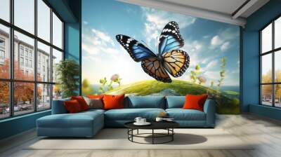 Bueatiful Butterfly on Green Nature Background. World Environment Day and Earth Day. Generative Ai Wall mural