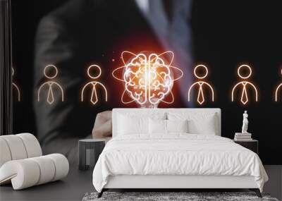 Businessman holding light bulb witj brain and people icons, Business meeting and brainstorming concept. Group of teamwork to planning, meeting and sharing creative ideas. Wall mural