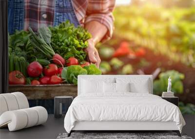 close up young farmer hands holding a box of organic vegetables in agriculture farm, harvesting orga Wall mural