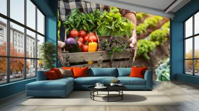 close up young farmer hands holding a box of organic vegetables in agriculture farm, harvesting orga Wall mural