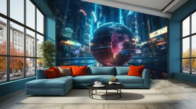 Futuristic cyber earth background, Digital world and Global network connection. Generative Ai Wall mural