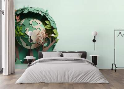 Green world paper cute style with Copy space, Earth day banner and World Environment day concept. Generative Ai Wall mural