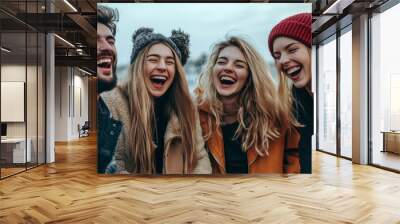 Group of friends laughing and having fun outdoors together, A joyful image that is popular in lifestyle, travel and entertainment. Wall mural