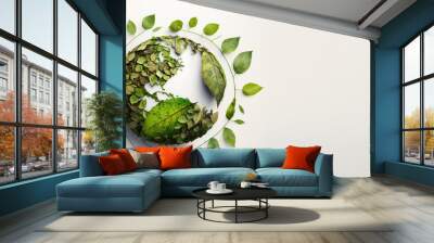 Leaves in forming an eco friendly earth shape, World environment day and Earth day. Generative AI Wall mural