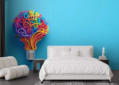 Lightbulb as brain shape blue background, creative ideas and brainstorming concept. Generative AI Wall mural