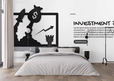 Money bag and rocket launching out from desktop monitor, investment planning concept Wall mural