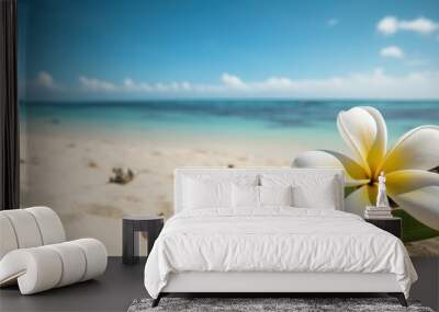 Plumeria (Frangipani) on tropical sea and beach blue sky background, Summer festive time. Generative AI Wall mural