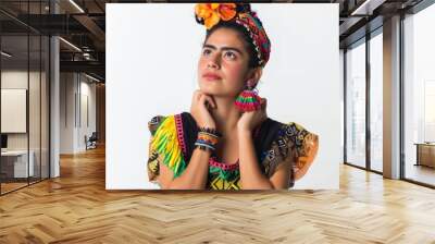 Portrait of a Mexican Woman. Embracing Heritage and Culture through Colorful Traditional Attire, Showcasing the Richness and Vibrancy of Mexico National Costume Wall mural