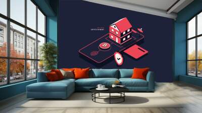 Real estate for sale via crypto currency concept, Digital property investment technology, Buying house by bitcoin. Virtual reality land for sale in metaverse Wall mural