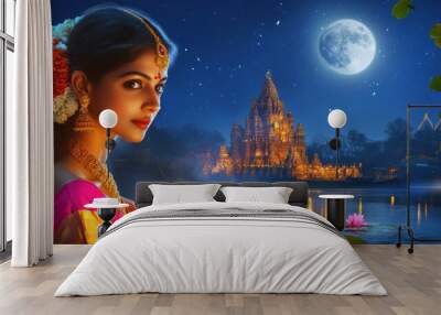 Sharad Purnima. A religious festival celebrating Hindu lunar month of Ashvin, Young india Woman with traditional attire celebrating festival on Fullmoon night with Candle light and Lotus Wall mural