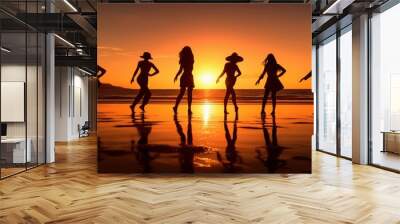 Silhouette Group of Firends Dancing on The Beach Summer Sunset Background. Generative AI Wall mural