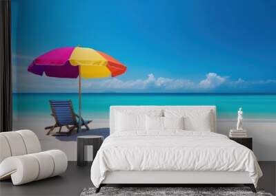 Summer Chair and umbrella on tropical sea and beach with blue sky background. Generative AI Wall mural