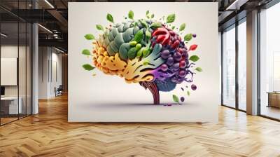 Various Fruits forming a creative brain, Eating healthy food as nutrition to improve memory and thinking. Generative ai Wall mural