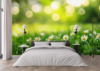 Vibrant Green Meadow with Blooming Daisy Flowers in Scenic Summer Landscape Wall mural